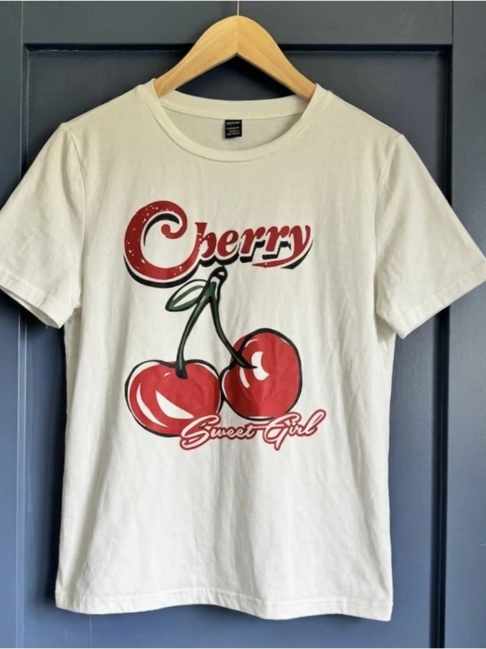 SHEIN White Tee with Red Cherry Graphic and Green Stems